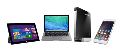 Hardware (Surface Tablet, Macbook Laptop, Lenovo Desktop PC, iPhone mobile)